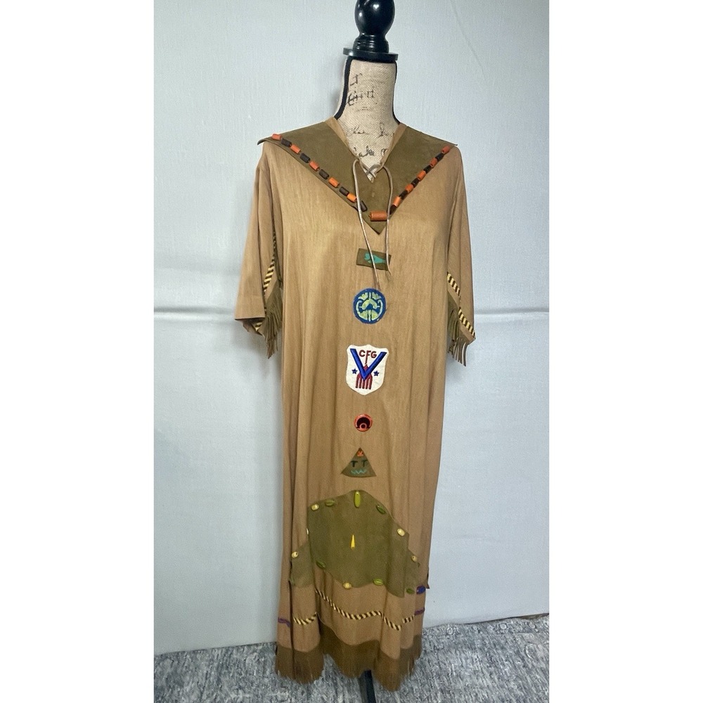 Vintage Camp Fire Girls Ceremonial Dress Small Handmade Patches and Beads 1960s